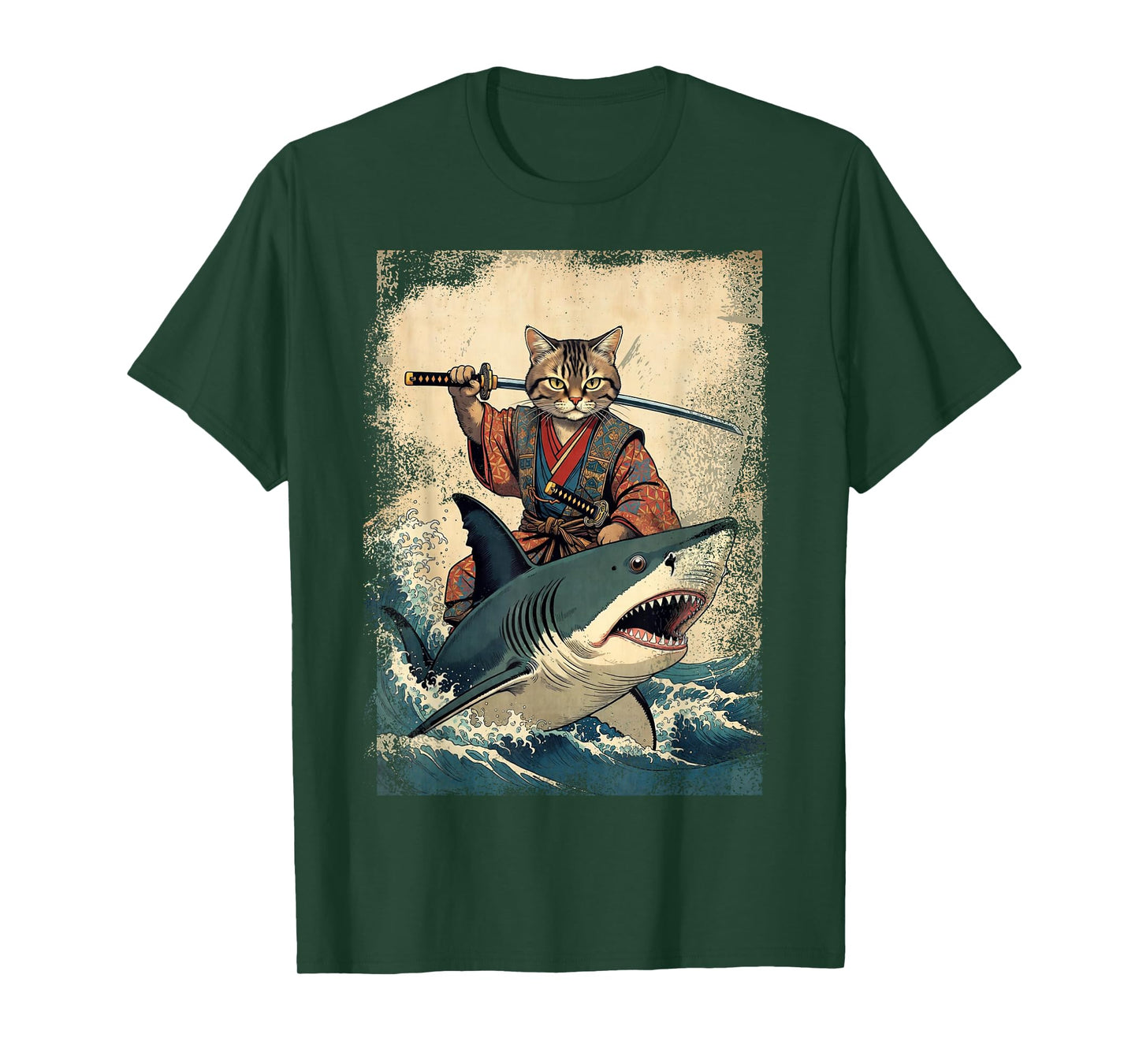 Vintage Samurai Cat Riding a Shark in Japanese Art Anime T-Shirt