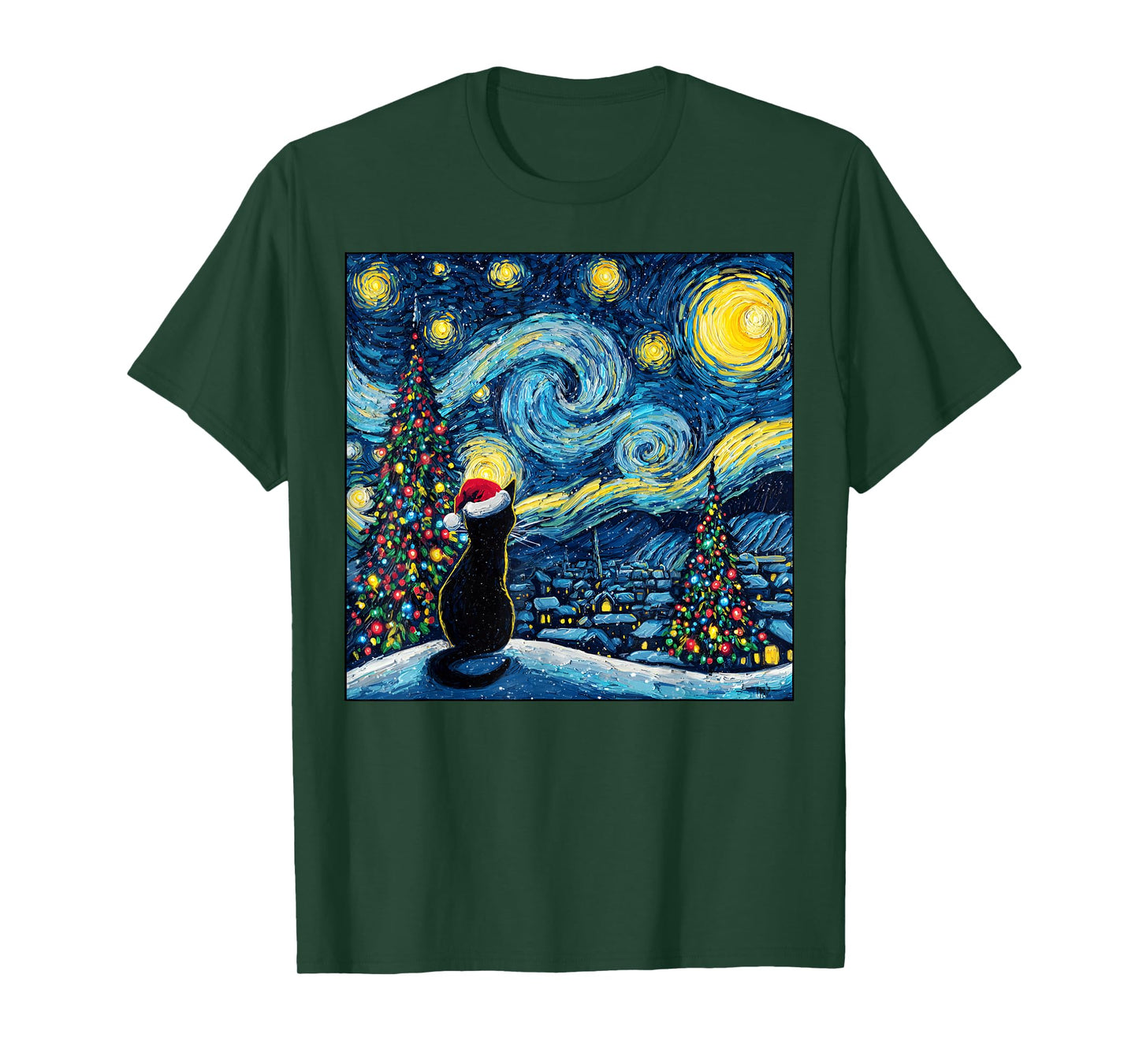 Van Gogh Starry Night Black Cat Santa Hat Toddlers Christmas T-Shirt