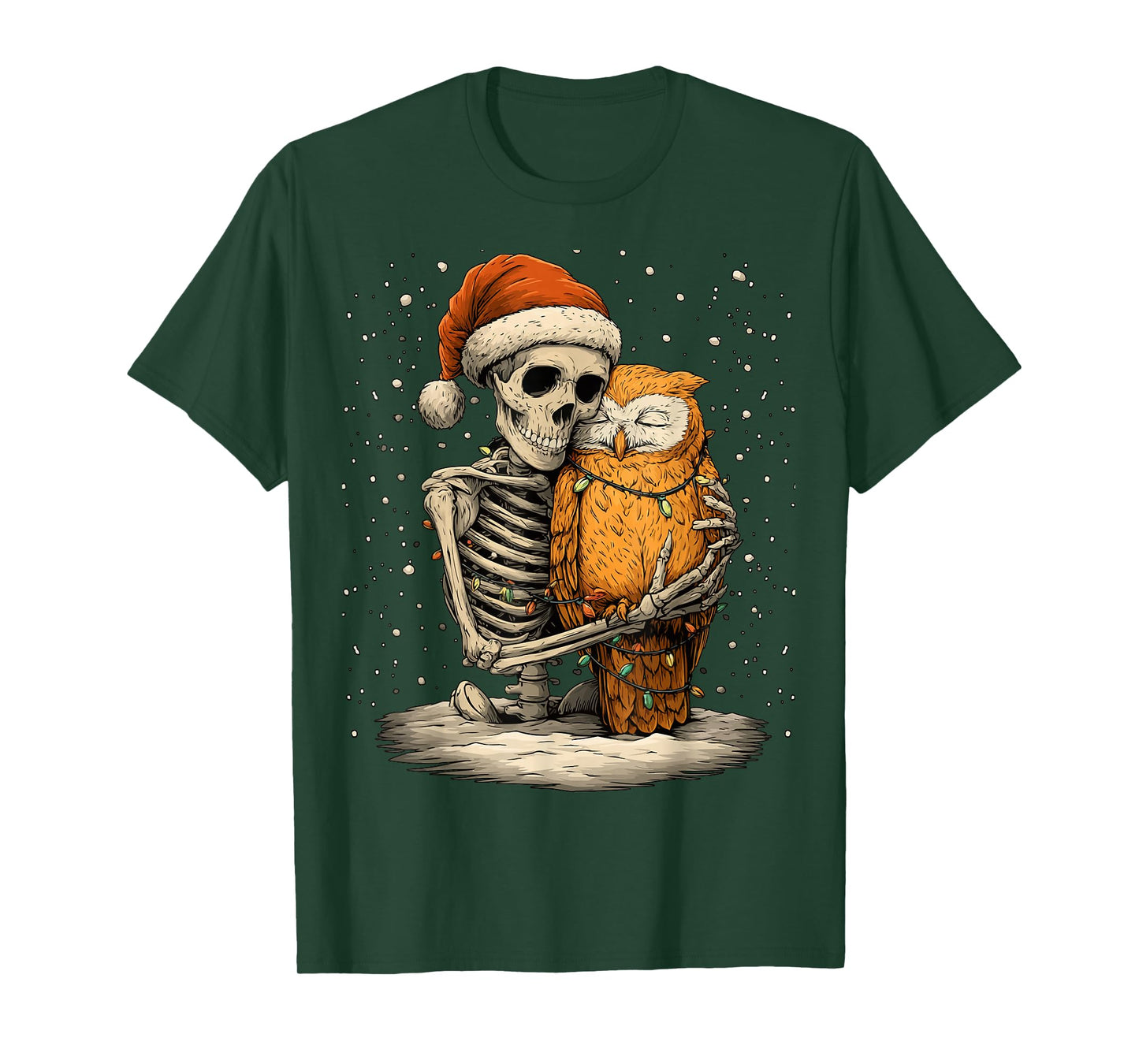 Skeleton Hugging an Owl with Santa Hat Snow Gothic Christmas T-Shirt