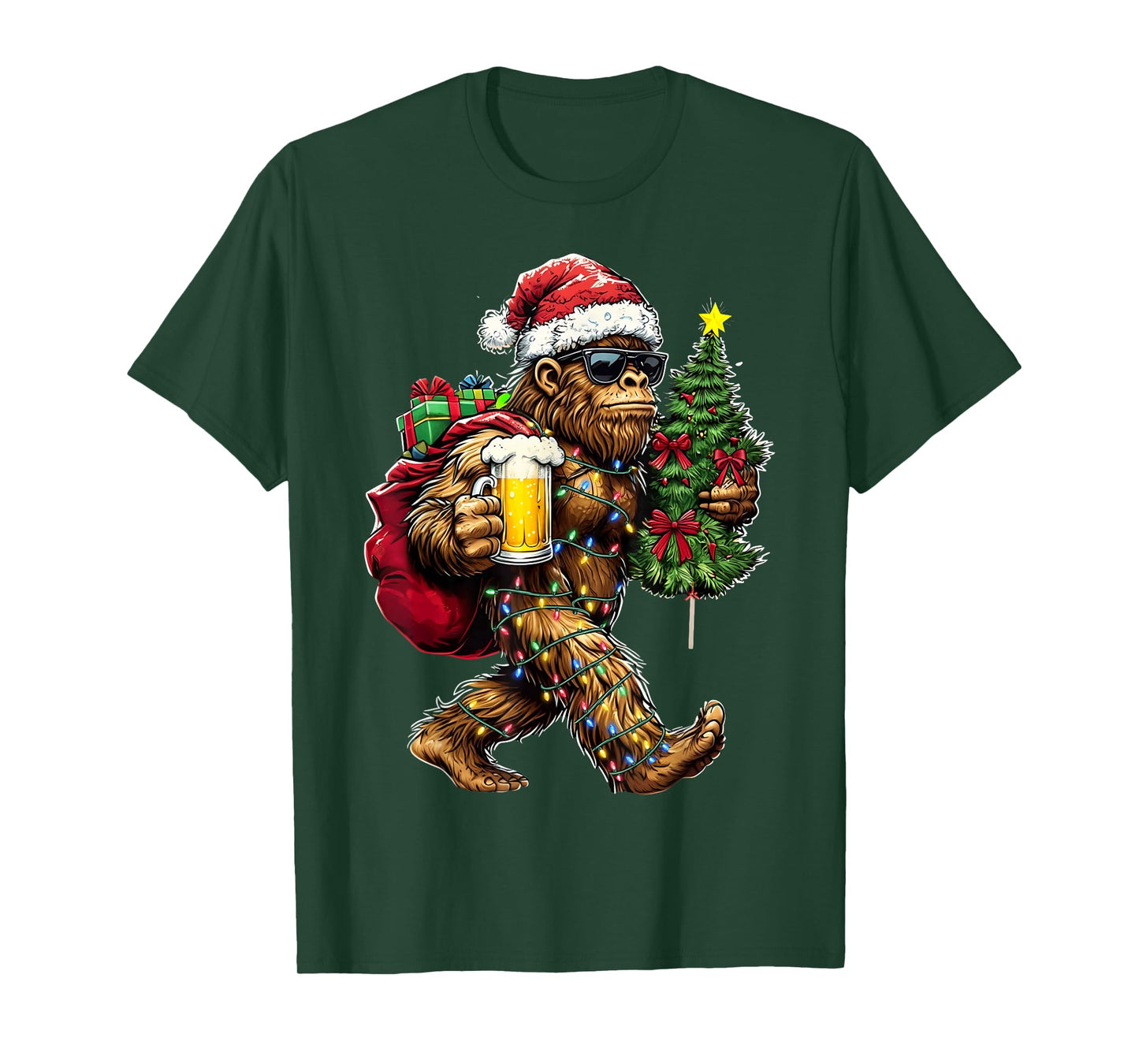 Funny Big Foot Santa Hat Drink Christmas Tree Xmas Men T-Shirt