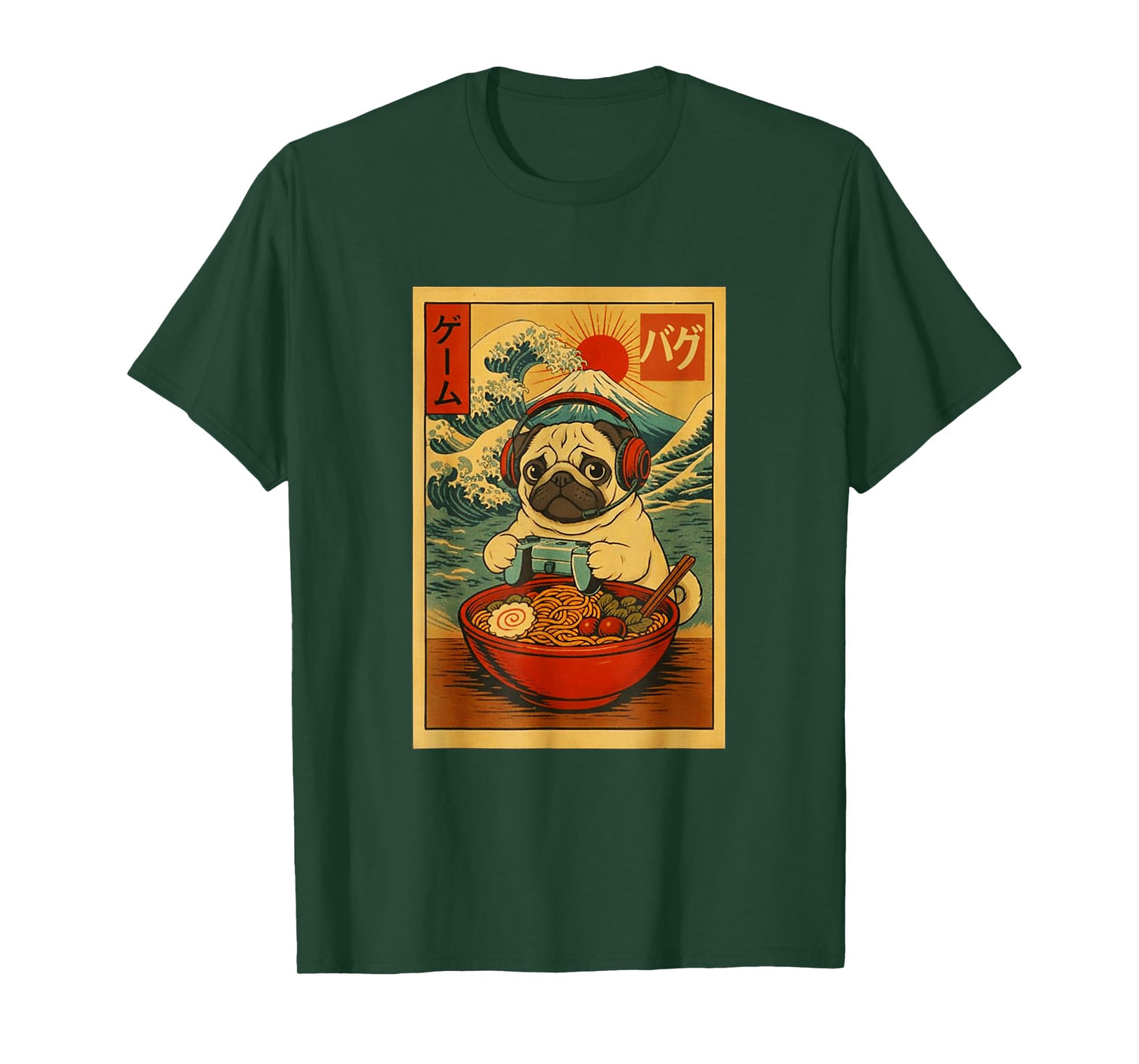 Pug Dog Gaming Ramen Japanese Ukiyo-e Great Wave Retro Art T-Shirt