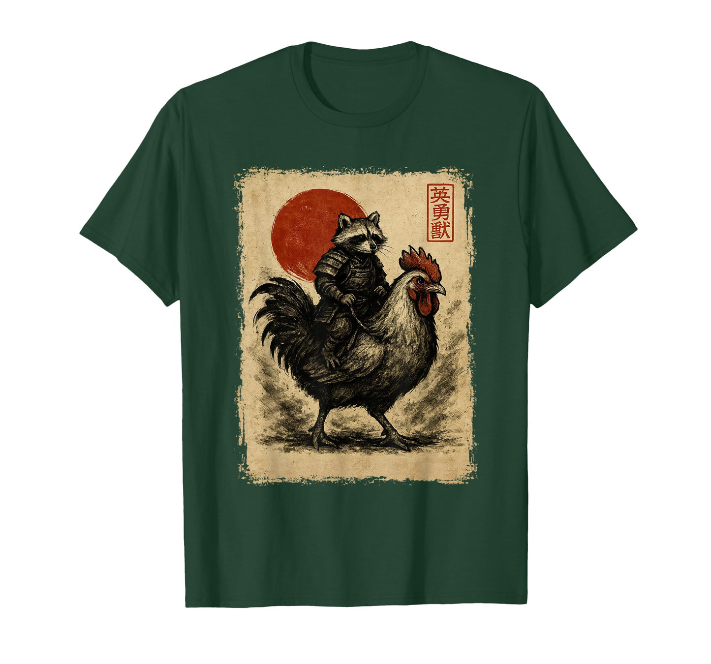 Funny Vintage Raccoon Rooster Chicken Japanese Ukiyo-e Art T-Shirt