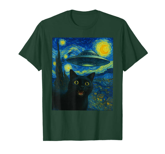 Cat Selfie with Alien UFO Night Van Gogh Gifts Men Women Kid T-Shirt