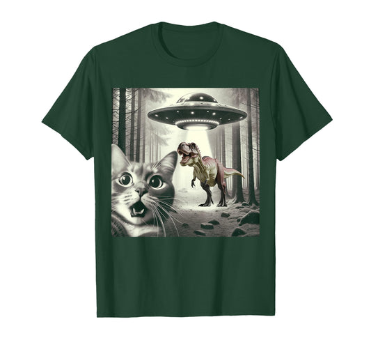 Funny Cat Selfie with Alien UFO and T-Rex Dinosaur Graphic T-Shirt