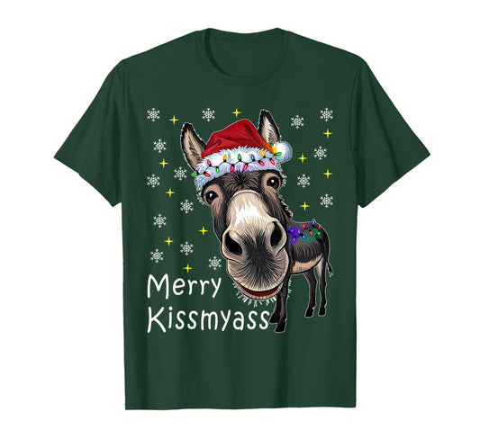 Merry KissMyAss Donkey Wearing Santa Hat Lights Men Women T-Shirt