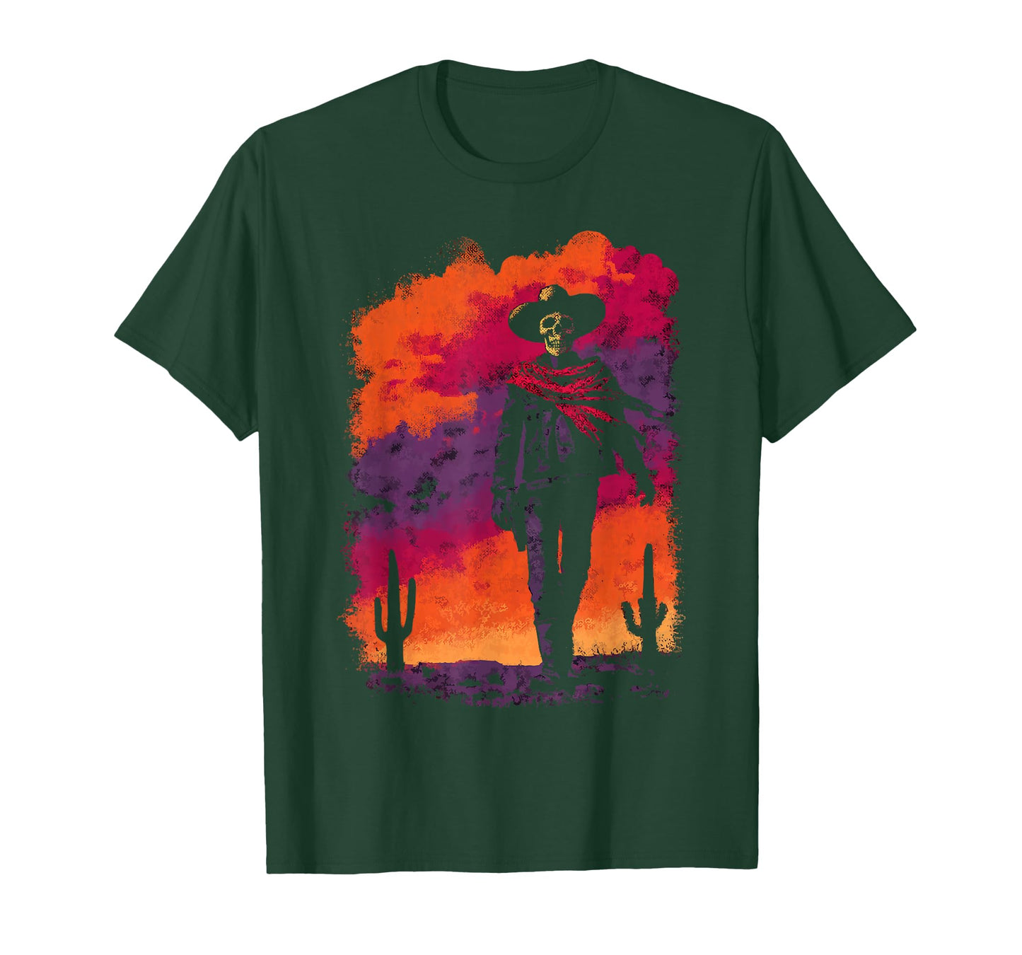 Stylish Skeleton Cowboy with Desert Sunset Western Gothic T-Shirt