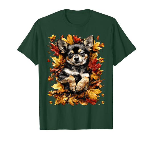 Cute Chihuahua with Autumn Leaves Fall Season Vibes Dog T-Shirt