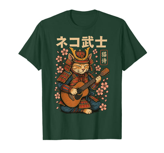 Cat Samurai Guitar Katana Japanese Art Vintage Graphic T-Shirt