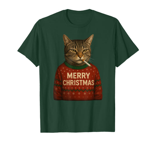 Funny Christmas Smoking Cat Merry Christamas T-Shirt