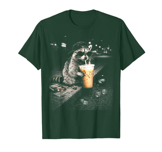 Funny Raccoon Drinking Iced Coffee Lover Humor T-Shirt