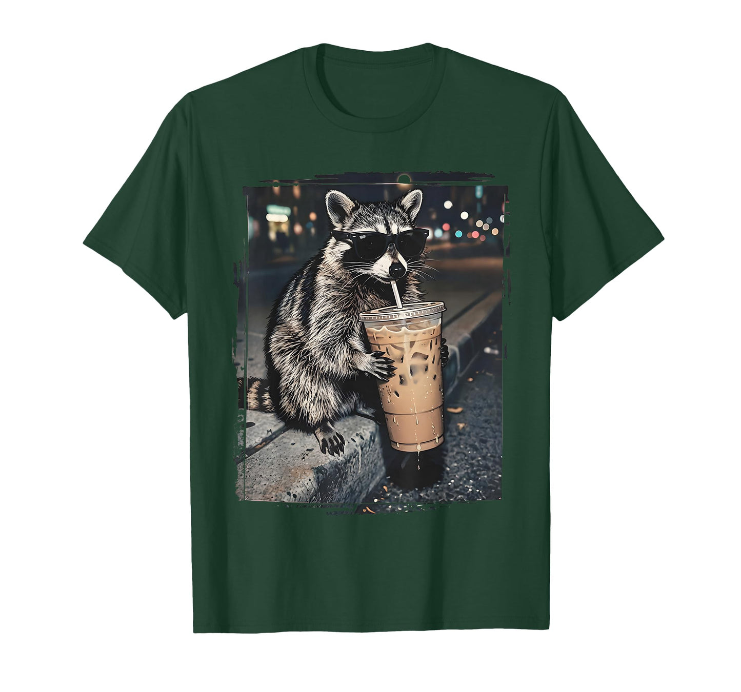 Raccoon Drinking Iced Coffee Funny Animal Meme Men Women T-Shirt