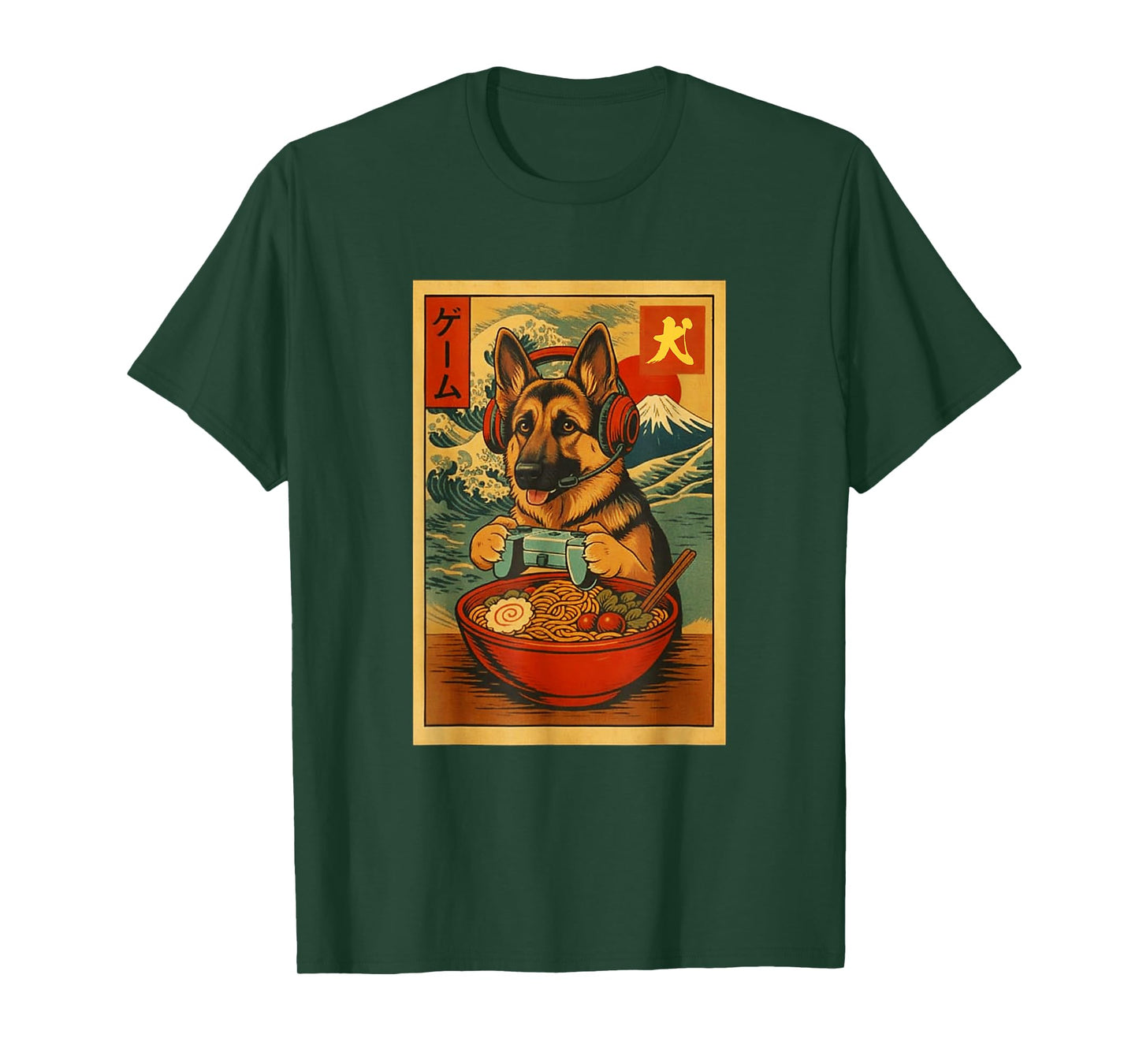 German Shepherd Gaming Ramen Ukiyo-e Great Wave Retro Art T-Shirt