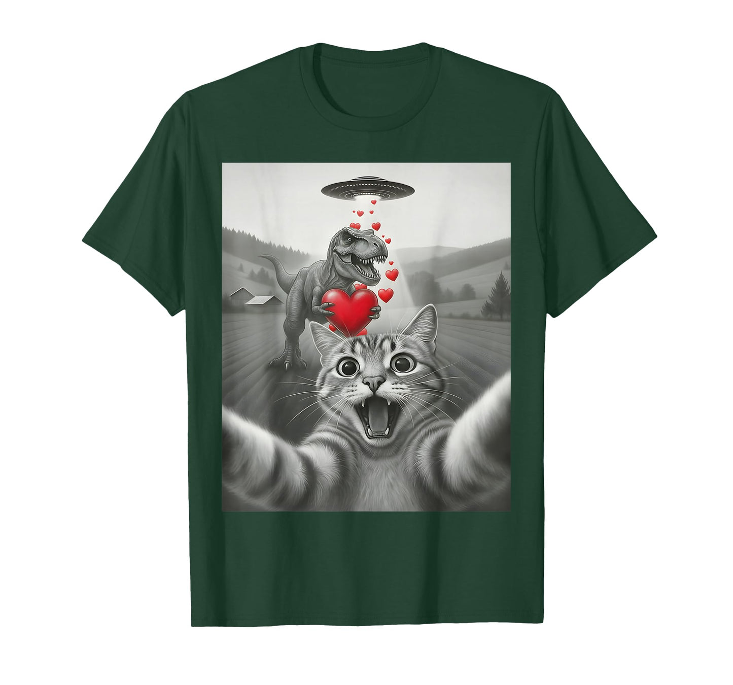 Funny Cat Selfie with T-Rex Dinosaur Valentines Cat Lover T-Shirt