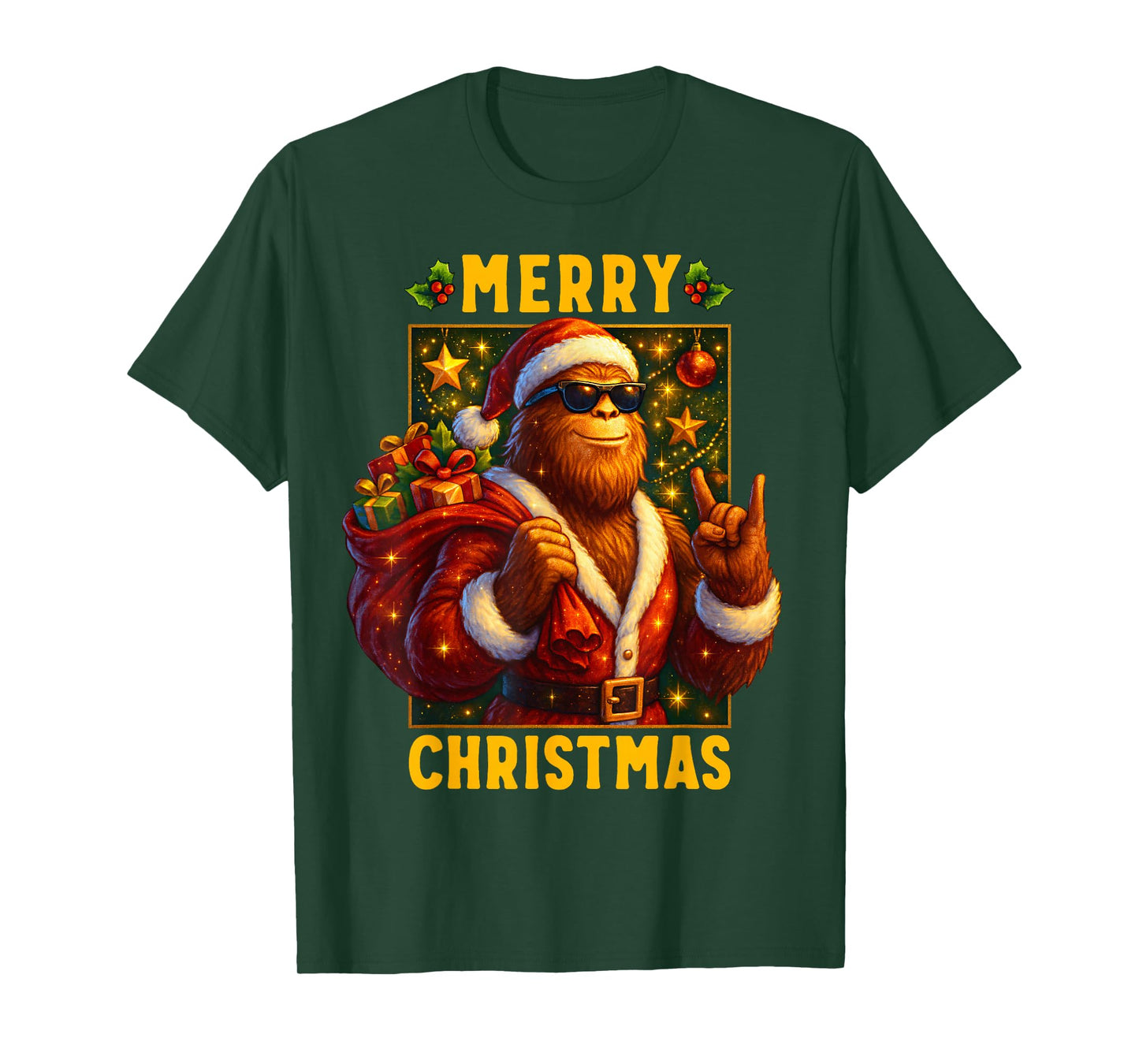 Retro Merry Christmas Santa Bigfoot Sasquatch Funny Xmas T-Shirt