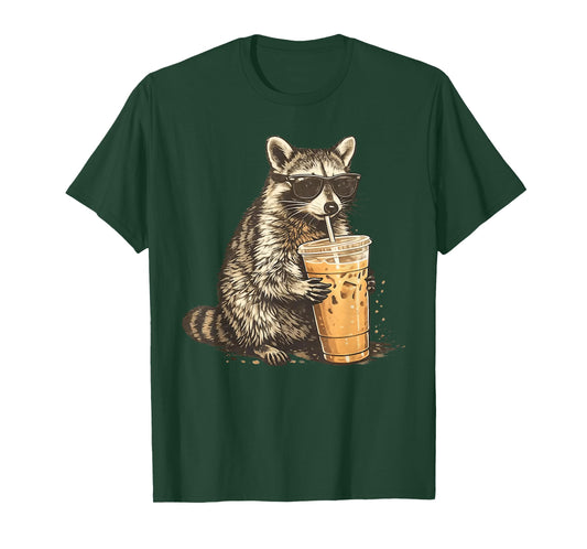 Funny Raccoon Drinking Iced Coffee Animal Meme Men Women T-Shirt