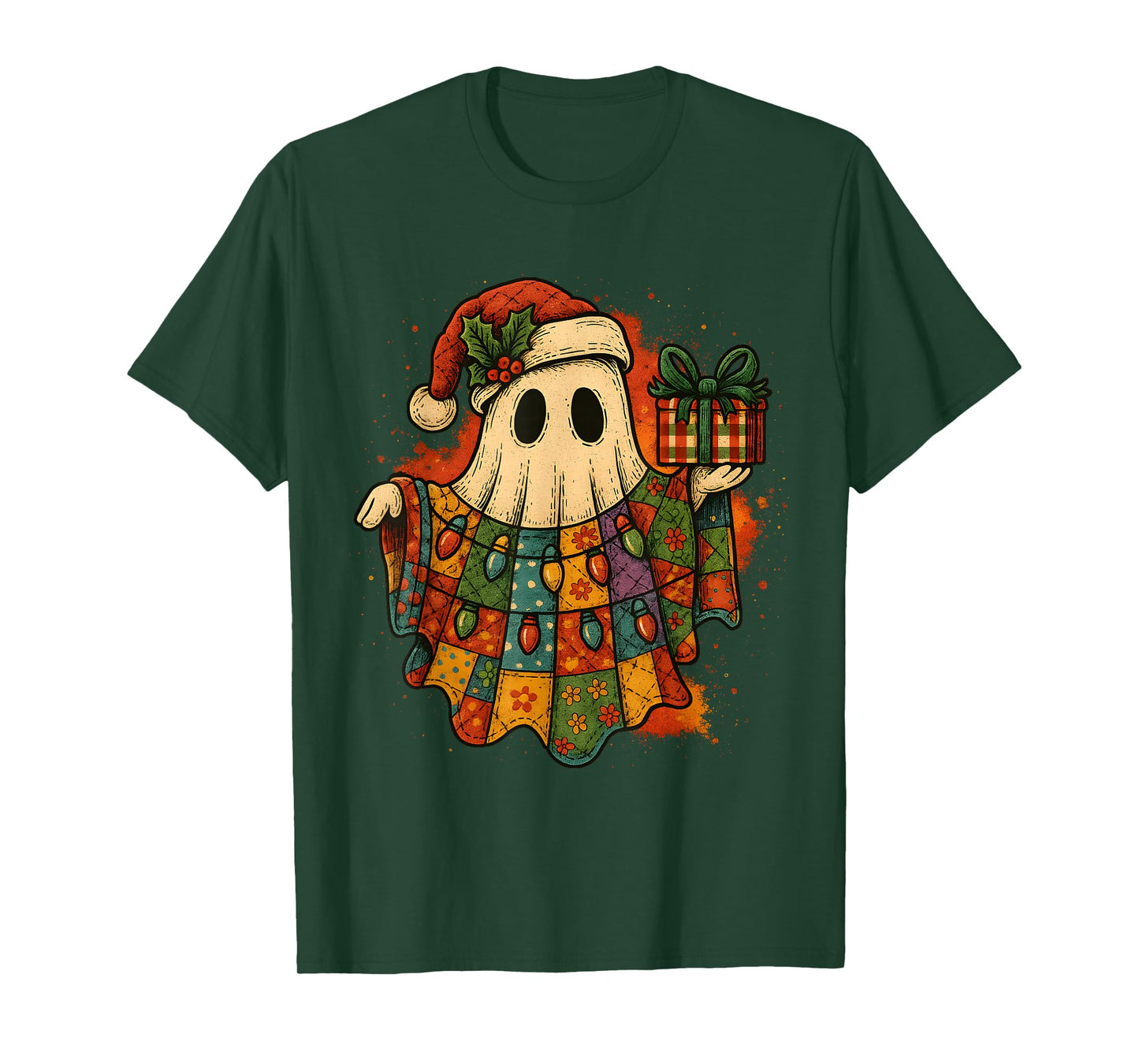 Vintage Christmas Ghost Patchwork Lights Design T-Shirt