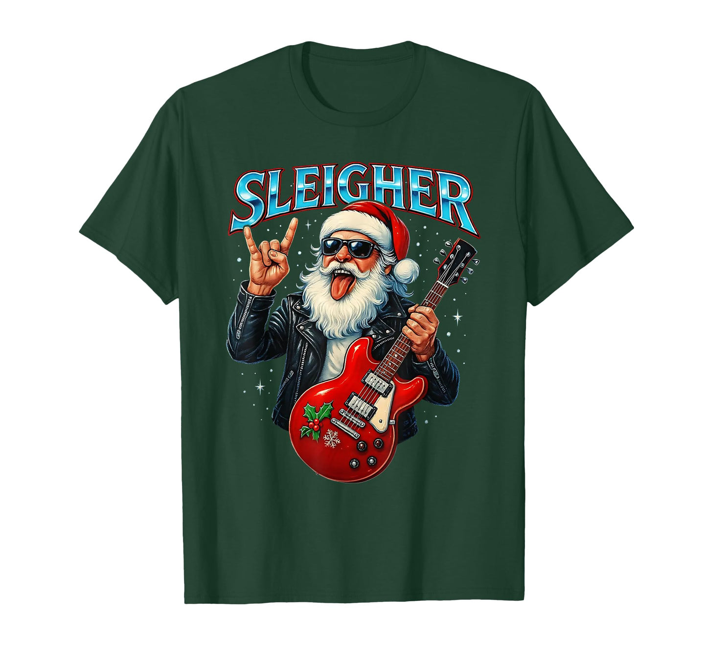 Sleigher Rock Santa Funny Metal Christmas Design T-Shirt