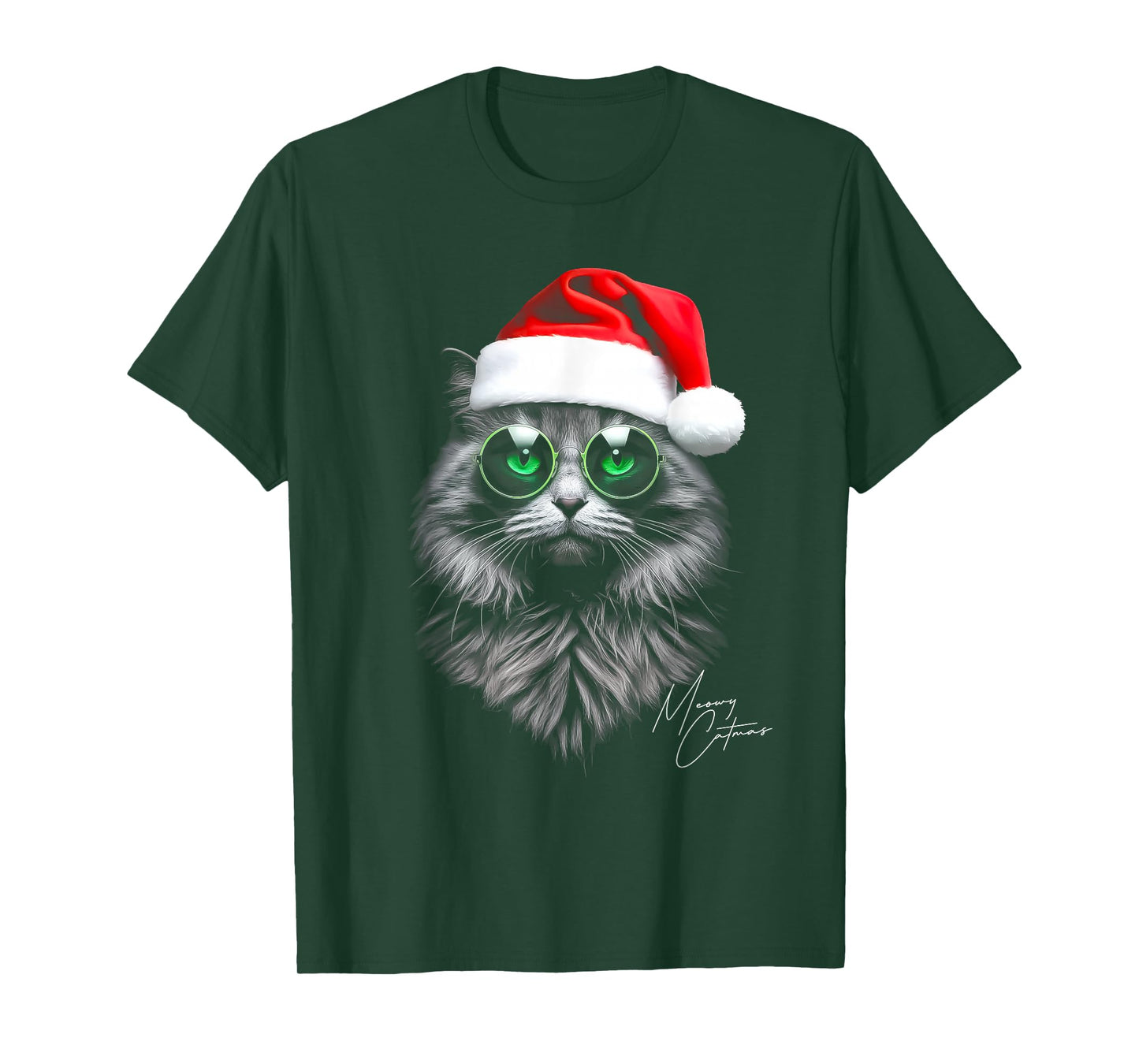 Meowy Catmas Funny Cool Xmas Cat Santa Hat Graphic Holidays T-Shirt