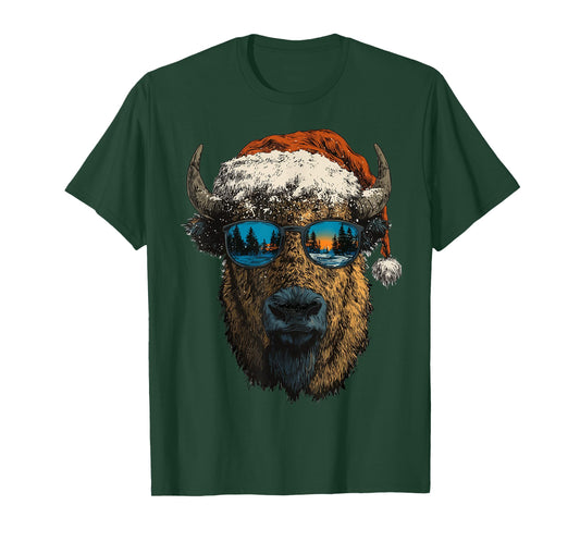 Bison with Sunglasses Snow Santa Hat Snowy Christmas Animal T-Shirt