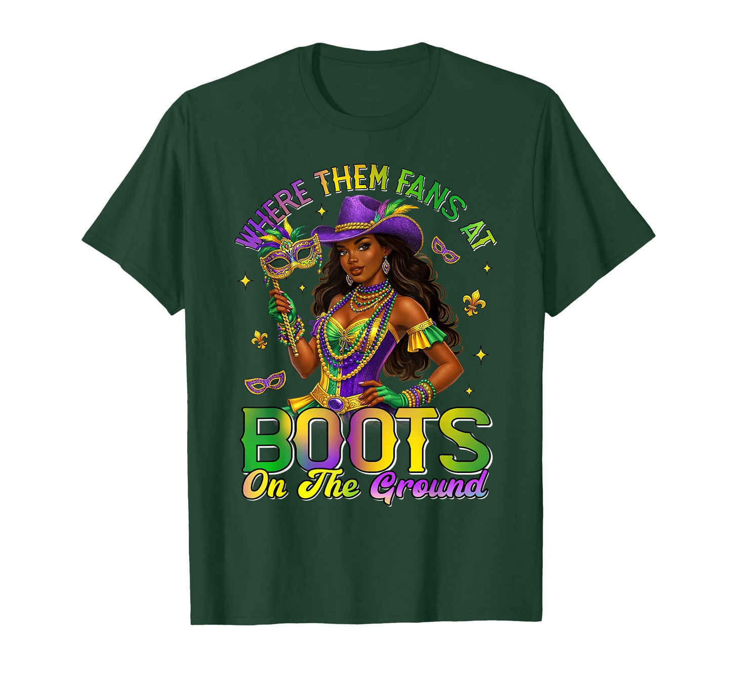 Mardi Gras Cowgirl Boots On The Ground Where Them Fans At T-Shirt