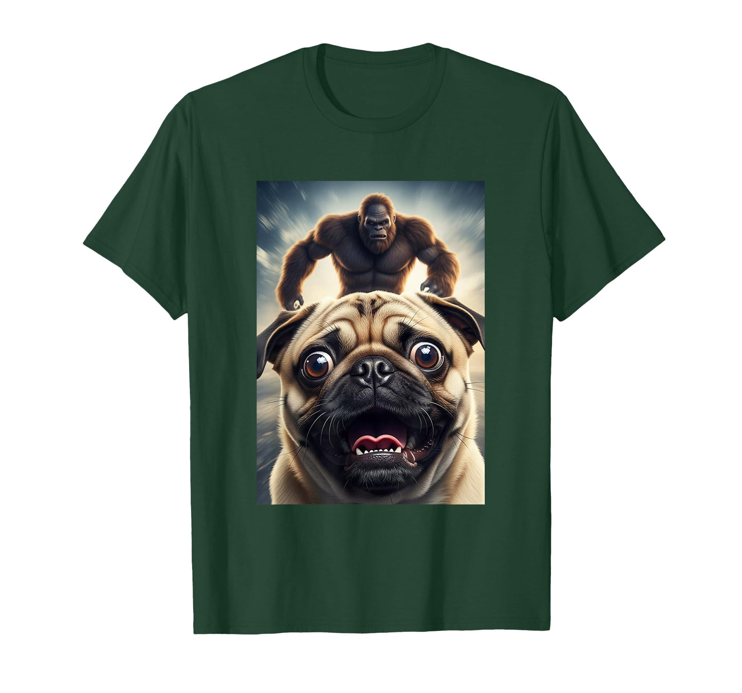 Funny Scared Pug Dog Selfie with Bigfoot Women Men Kids T-Shirt