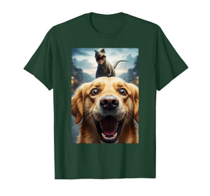 Funny Golden Retriever Dog Selfie with T-Rex Women Men Kids T-Shirt