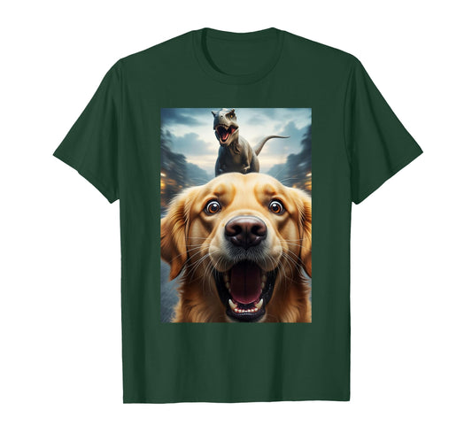 Funny Golden Retriever Dog Selfie with T-Rex Women Men Kids T-Shirt