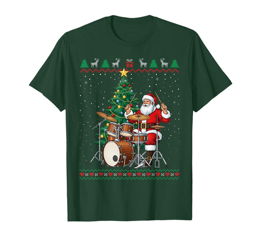 Santa Claus Playing Drums Christmas Funny Ugly Sweater T-Shirt