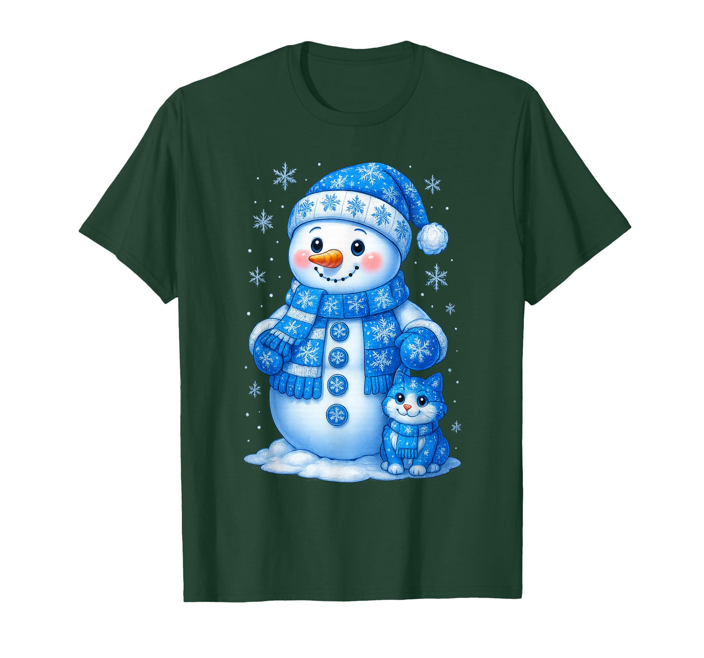 Cute Snowman and Cat Christmas Winter Snowflake Holiday T-Shirt