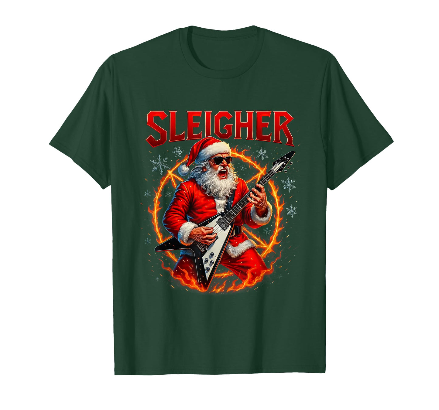 Sleigher Metal Santa Rocking Christmas Design T-Shirt