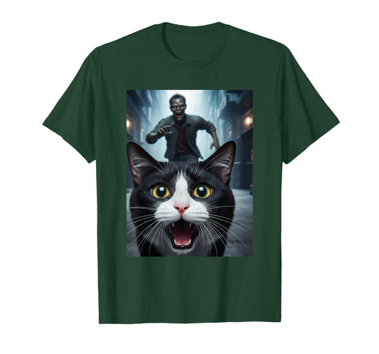 Tuxedo Cat Selfie with Zombie Funny Pet Owner Graphic T-Shirt