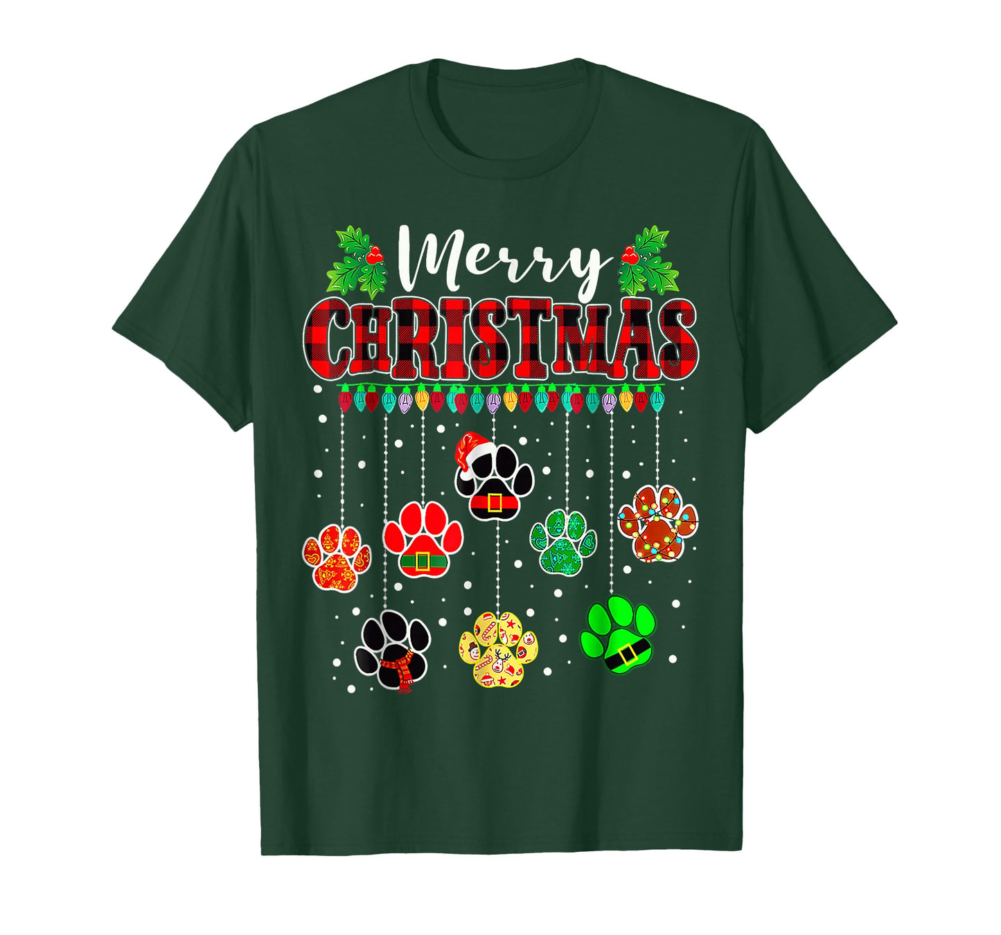Merry Christmas Lights Dog Paw Xmas T-Shirt