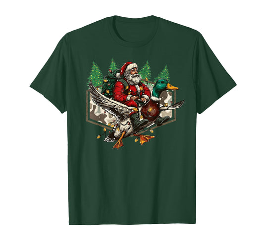 Christmas Santa Riding Duck Xmas Lights Hunting Season T-Shirt
