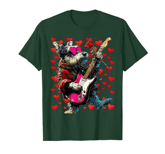 Cute Schnauzer Playing Guitar Guitarist Dog Valentine’s Day T-Shirt
