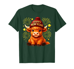 Happy New Year 2026 Highland Cow & Party Hat New Years Eve T-Shirt