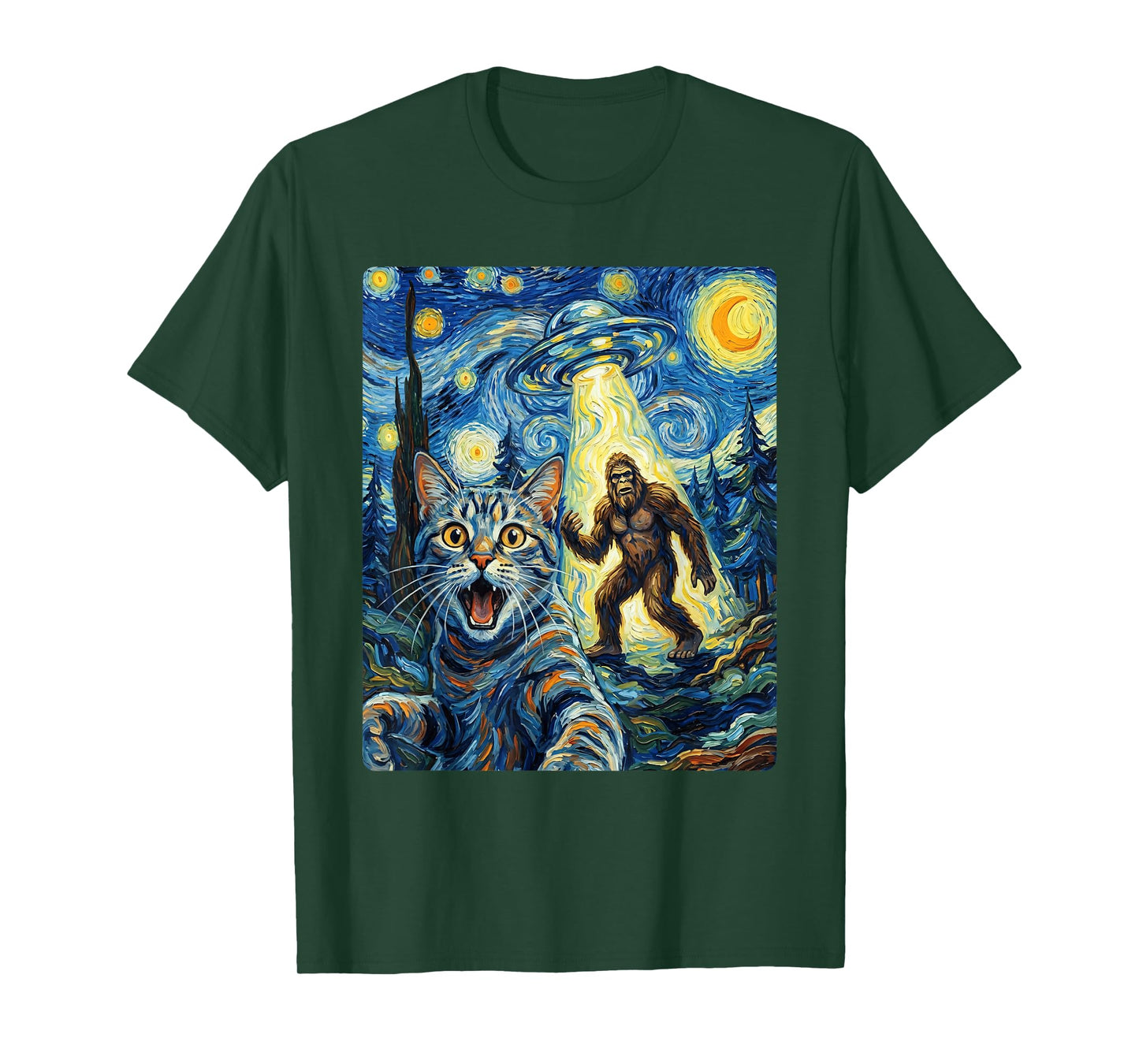 Cat Selfie with Bigfoot & UFO | Funny Sasquatch Cat Van Gogh T-Shirt