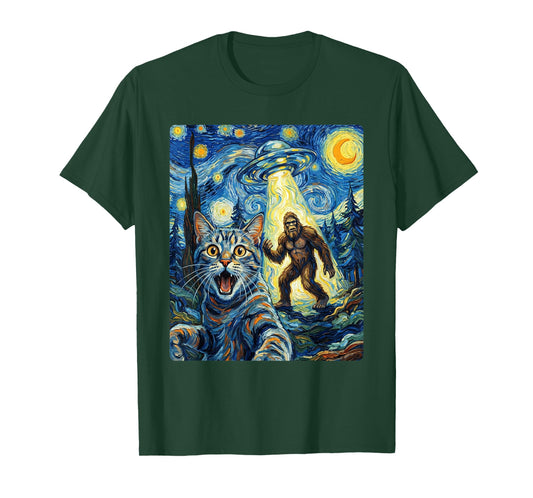 Cat Selfie with Bigfoot & UFO | Funny Sasquatch Cat Van Gogh T-Shirt