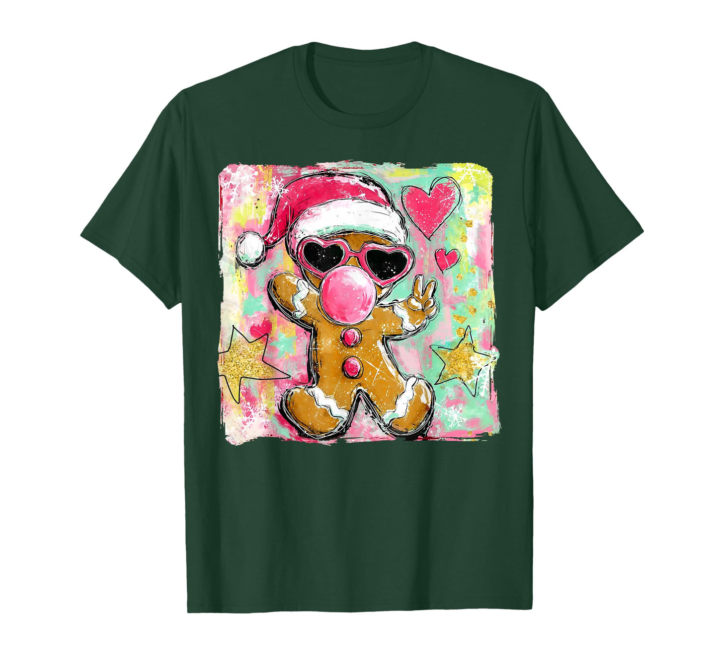 Retro Gingerbread Blowing Bubble Gum Sunglasses Christmas T-Shirt
