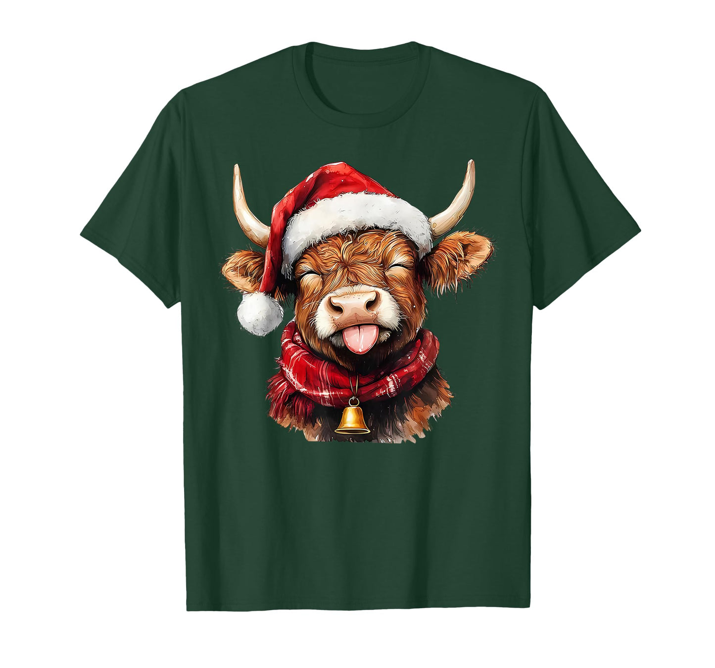 Highland Cow Red Santa Hat Scarf Bell Tongue Out Christmas T-Shirt
