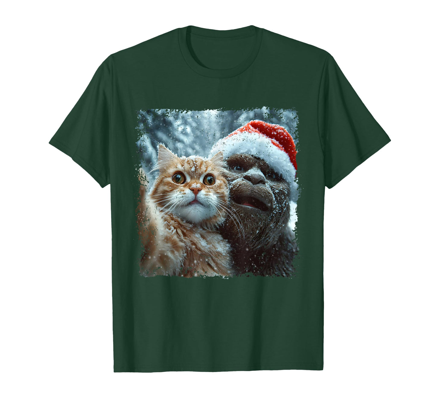 Funny Bigfoot and Cat Christmas Selfie Design T-Shirt