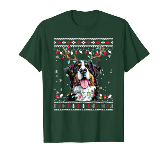 Cute Bernese Mountain Dog Christmas Reindeer Santa Hat T-Shirt