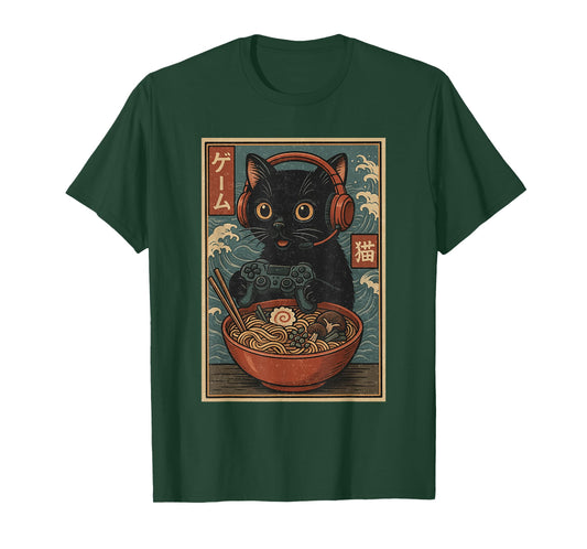 Cute Kawaii Gamer Cat Funny Ramen Retro Japanese Cat Gaming T-Shirt