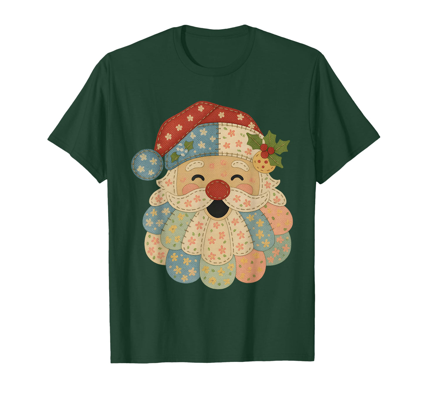 Pastel Patchwork Santa Vintage Quilt Christmas Tee T-Shirt