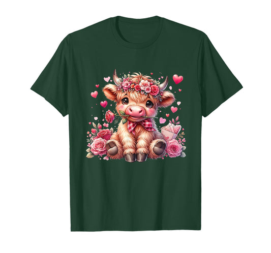 Valentine Highland Cow Print Cute Love Heart Flowers T-Shirt