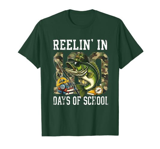 Reelin' in 100 Days of School Bass Camo Fishing Lover Boys T-Shirt