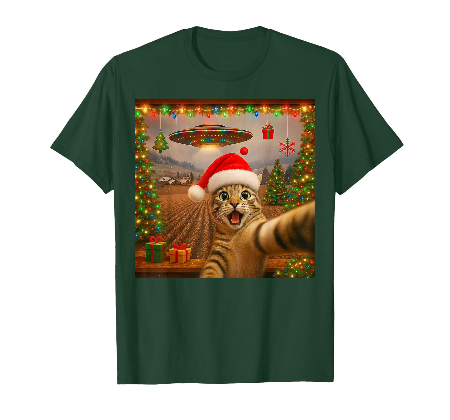 Funny Cat Selfie with Alien UFO Christmas Lights Santa Hat T-Shirt