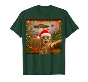 Funny Cat Selfie with Alien UFO Christmas Lights Santa Hat T-Shirt