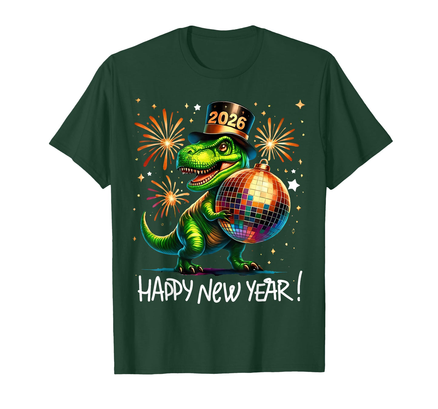 T Rex Happy New Year 2026 Disco Ball Fireworks Tee T-Shirt