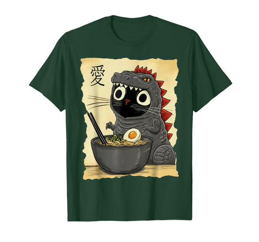 Catzilla Eating Ramen Cute Funny Cat Lover Japanese Art T-Shirt