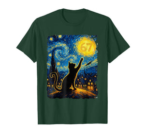 Funny Six Seven 6 7 Meme Starry Night Van Gogh Black Cat T-Shirt